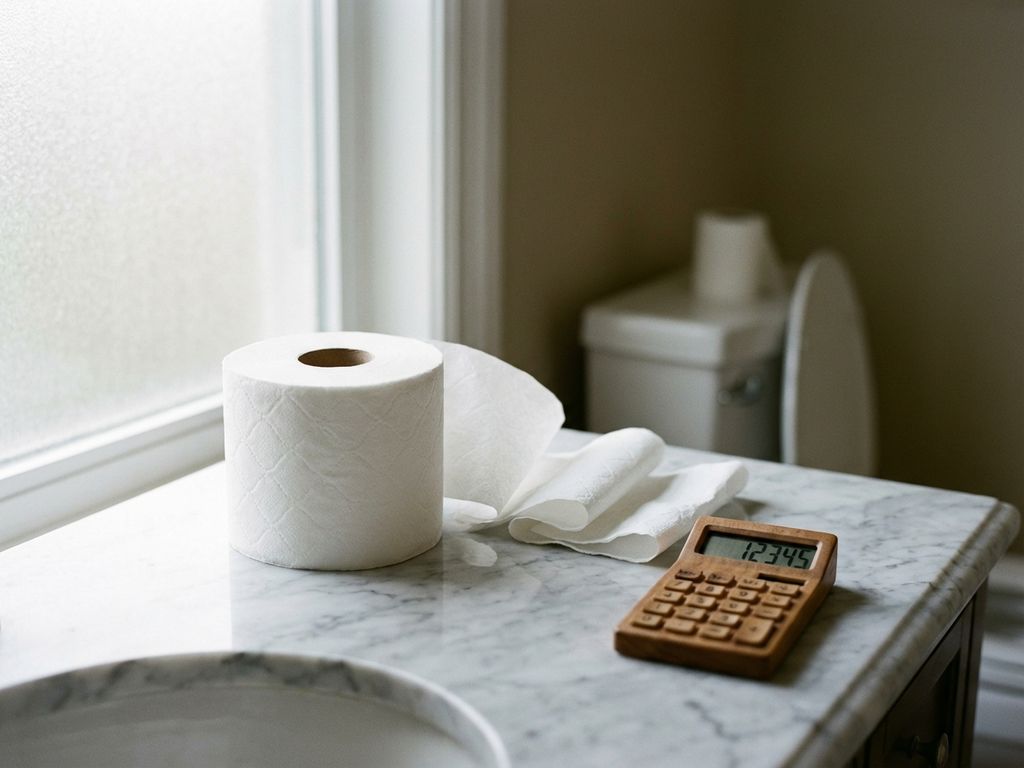 Witte wc-papierrol op marmeren badkamer aanrecht met houten rekenmachine en zachte natuurlijke verlichting