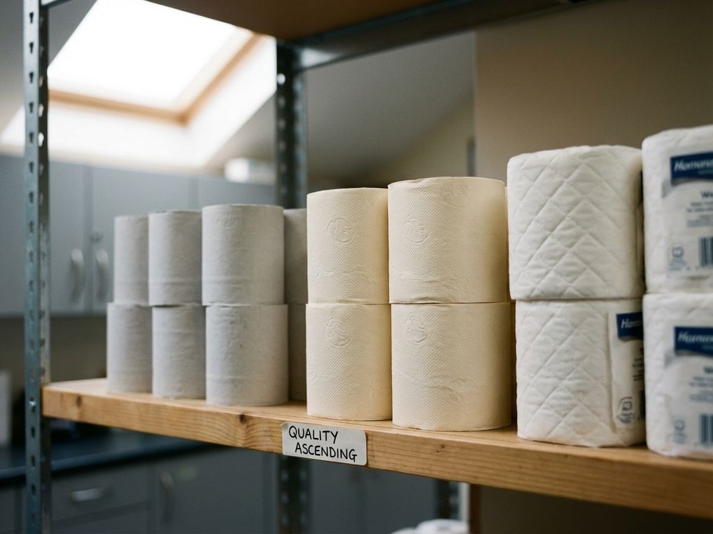 Georganiseerde kantoorvoorraadkast met commercieel toiletpapier van basis tot premium kwaliteit in zachte verlichting