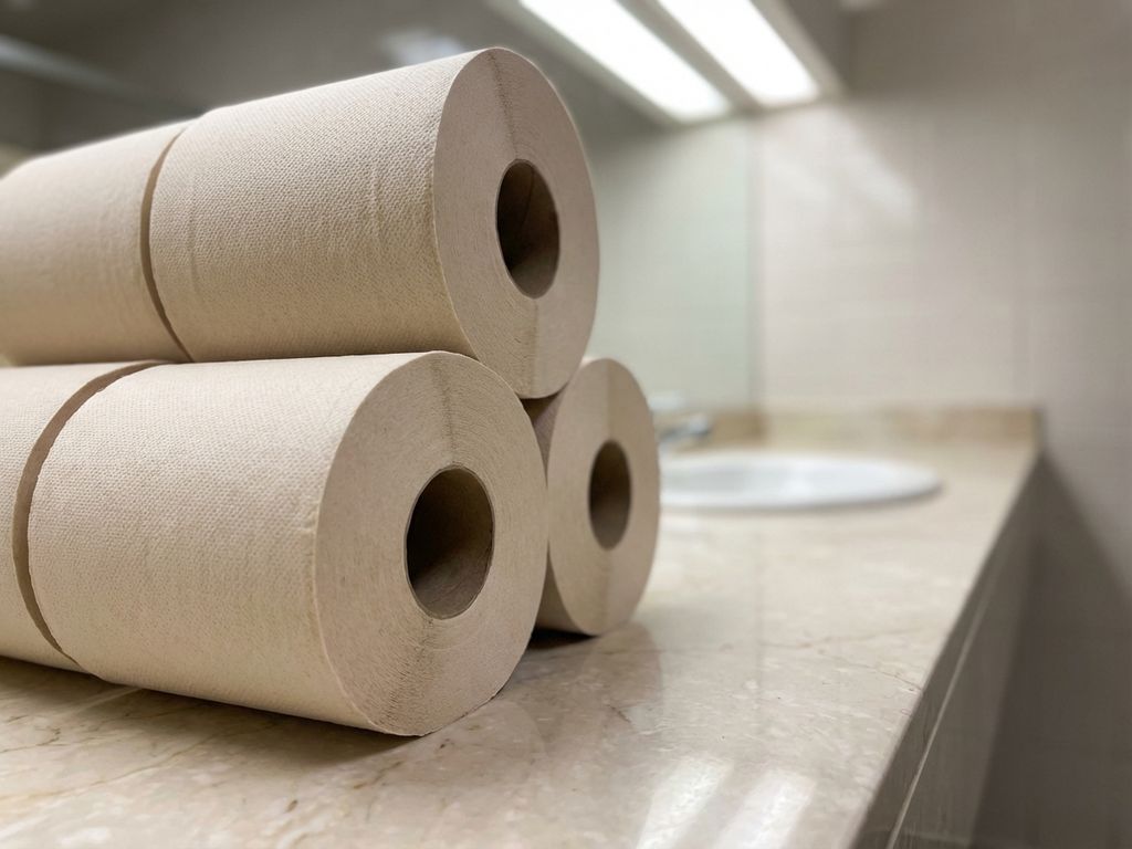 Stapel witte toiletpapierrollen op marmeren wastafel in schooltoilet met fluorescerende verlichting