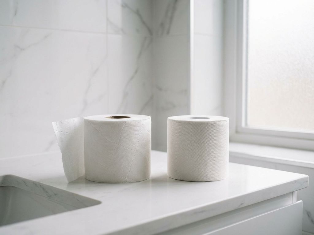 Twee verschillende toiletpapierrollen op witte badkamer wastafel, traditionele rol naast compacte systeemrol