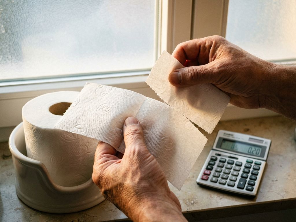 Handen scheuren voorzichtig twee velletjes toiletpapier af van witte rol, rekenmachine op badkamertafel toont kosten