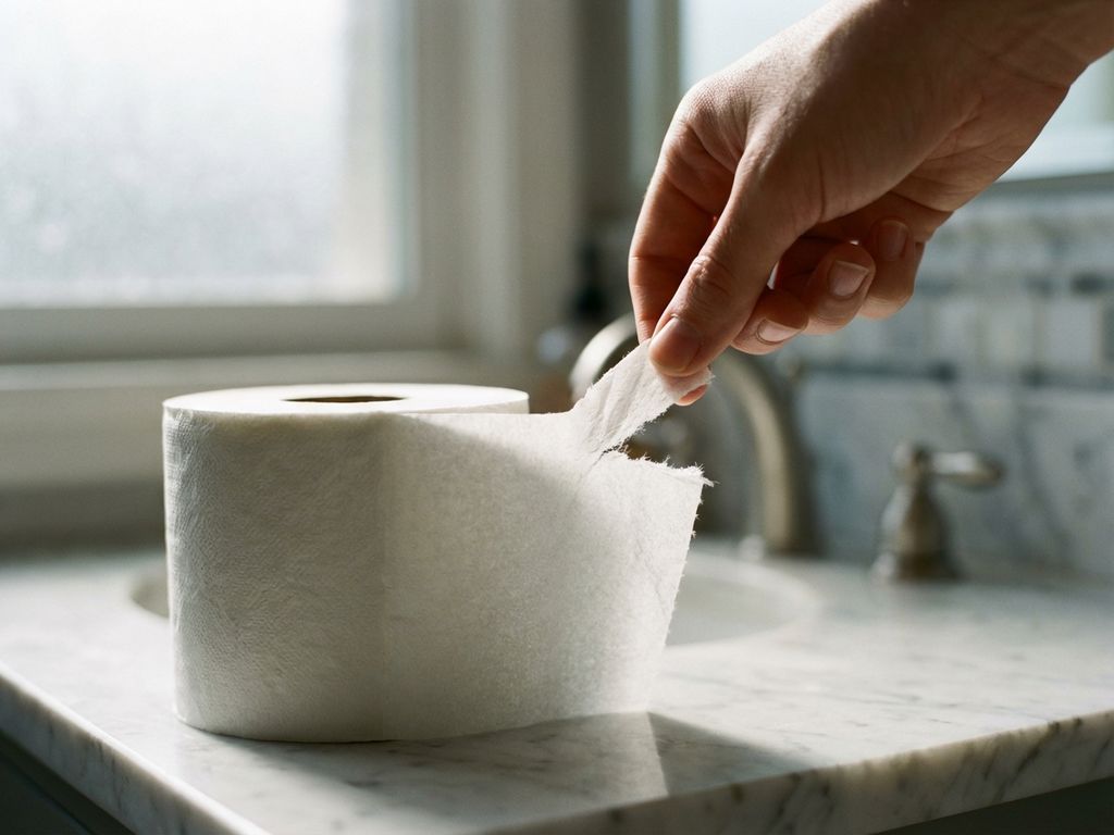 Hand test de sterkte van wit toiletpapier door voorzichtig aan vel te trekken op marmeren badkamertafel