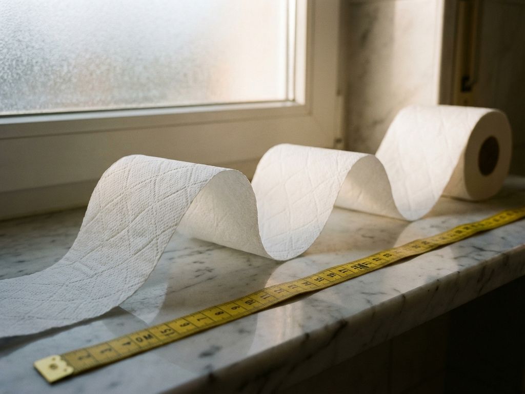 Witte wc-rol die afrolt over marmeren badkamertafel met meetlint, natuurlijk licht door mat glas raam