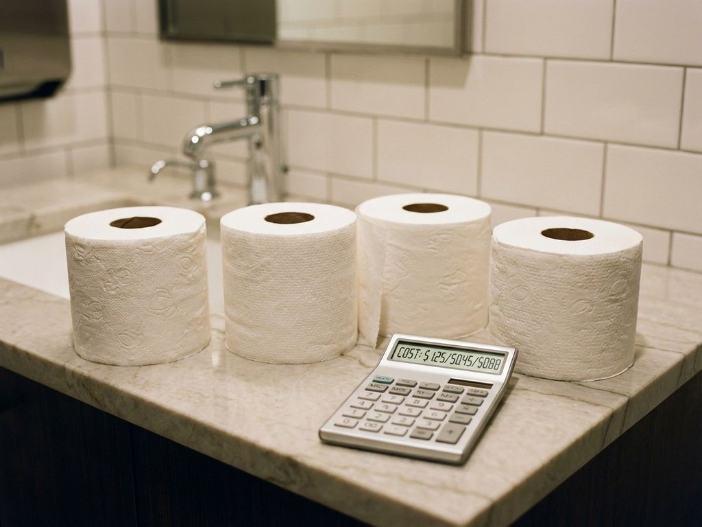 Toiletpapierrollen van verschillende diktes op kantoortoilet aanrecht naast rekenmachine met kostenberekeningen