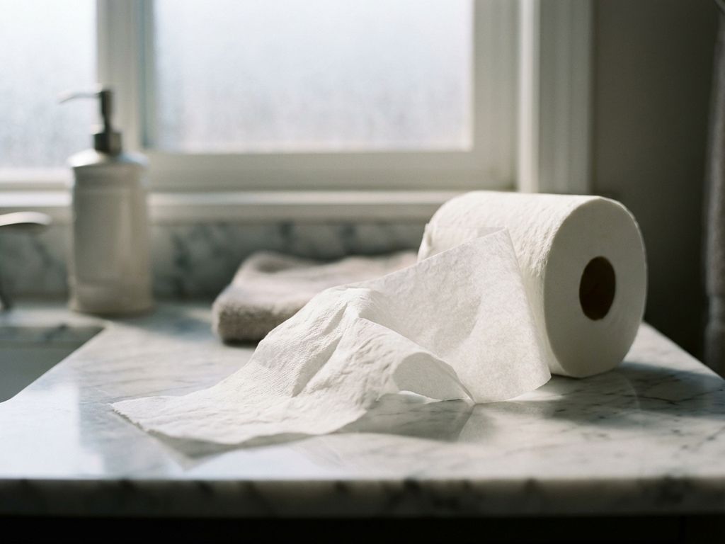 Witte wc-rol die afrolt over marmeren badkamertafel met natuurlijk ochtendlicht door matglazen raam