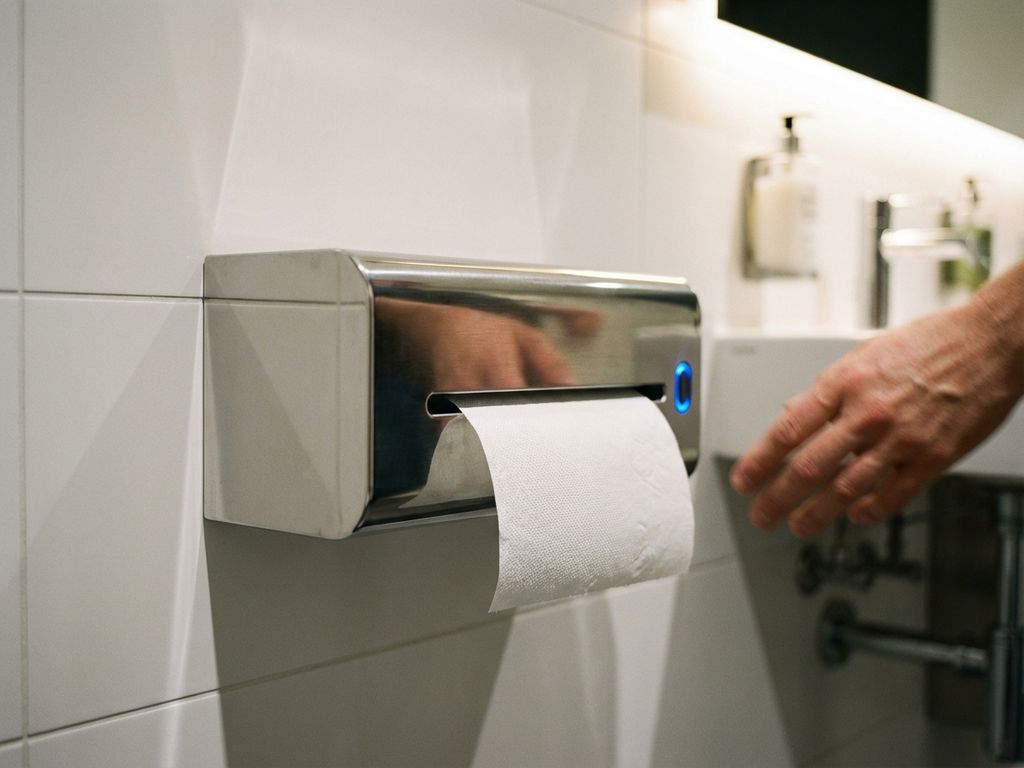 Moderne touchless toiletpapier dispenser met chrome afwerking en LED-licht op witte badkamermuur
