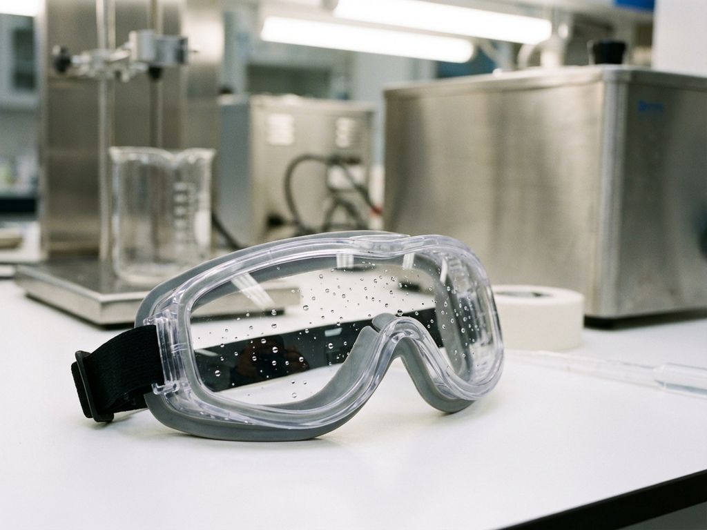 veiligheidsbril-laboratorium-werkbank-bescherming.jpg Veiligheidsbril met anti-splash lenzen op laboratoriumwerkbank met waterdruppels en roestvrijstalen apparatuur op achtergrond