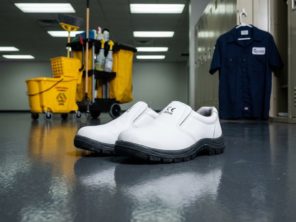 Witte CE-gecertificeerde veiligheidsschoenen met antislipzolen op commerciële vloer met schoonmaakwagen op achtergrond
