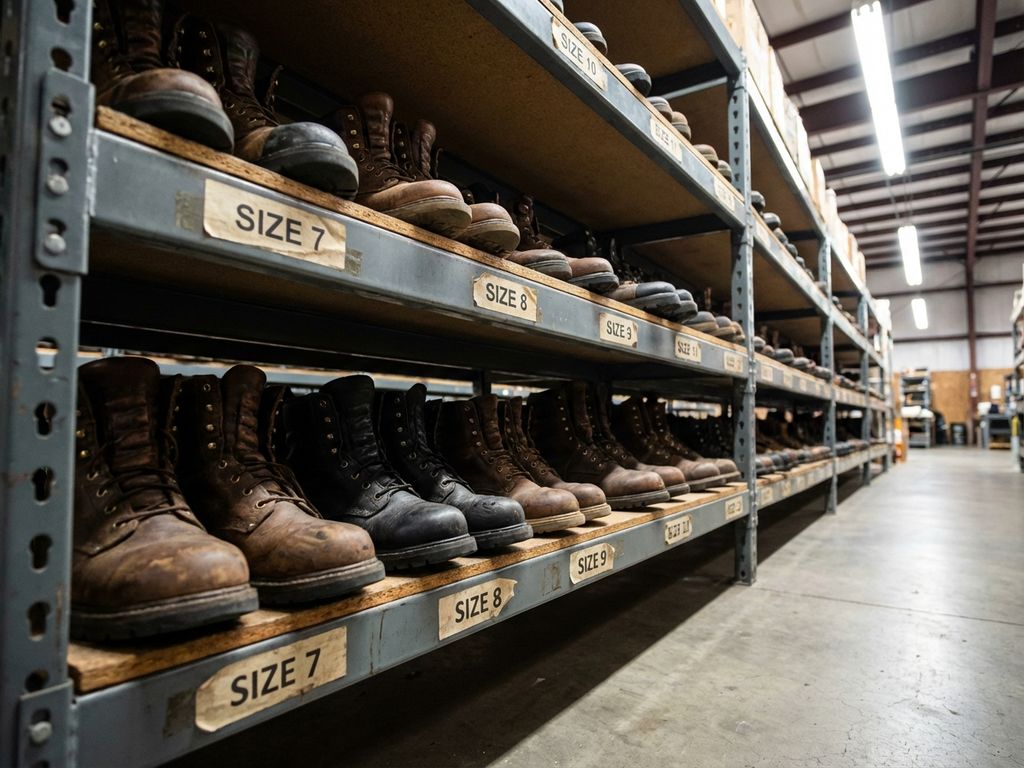 veiligheidsschoenen-magazijn-voorraad-maten.jpg Magazijnrek met veiligheidsschoenen in verschillende maten, gerangschikt in rijen met maatlabels op betonnen vloer