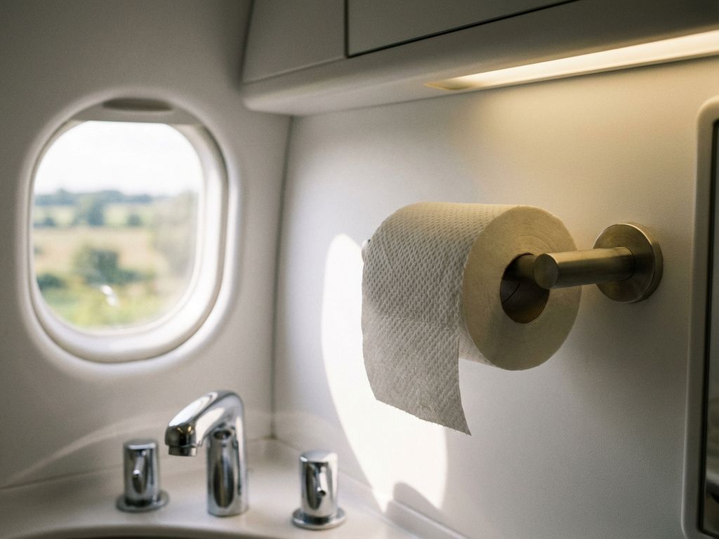 Wc-papier op dispenser in vliegtuigtoilet met uitzicht op landschap door raampje, chromen armaturen zichtbaar