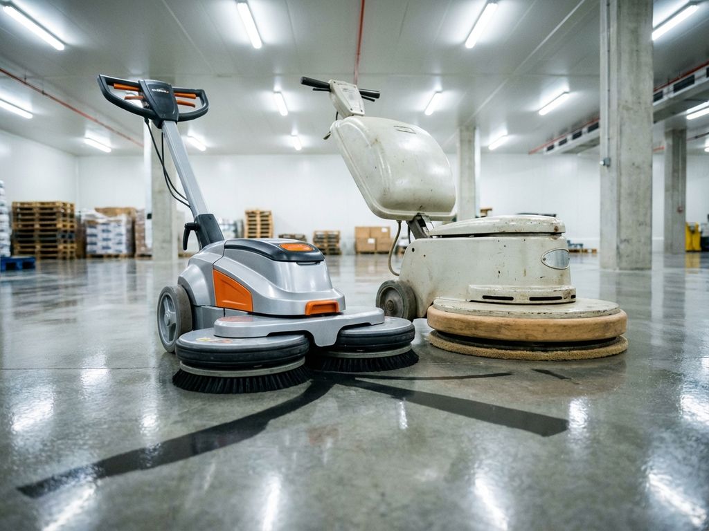 Moderne dubbele vloerpolijstmachine naast traditionele enkelvoudige schijfbuffer op gepolijste betonvloer in magazijn