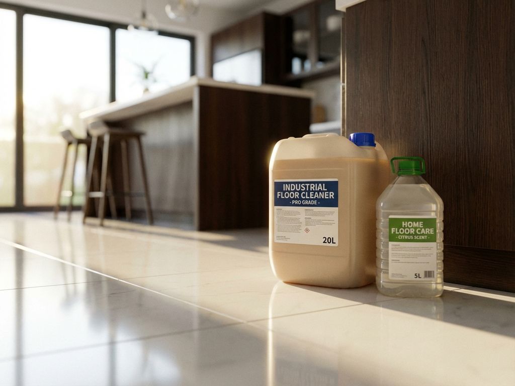 Grote 20-liter en kleine 5-liter vloerreinigers op glanzende witte tegelvloer in moderne keuken met natuurlijk licht