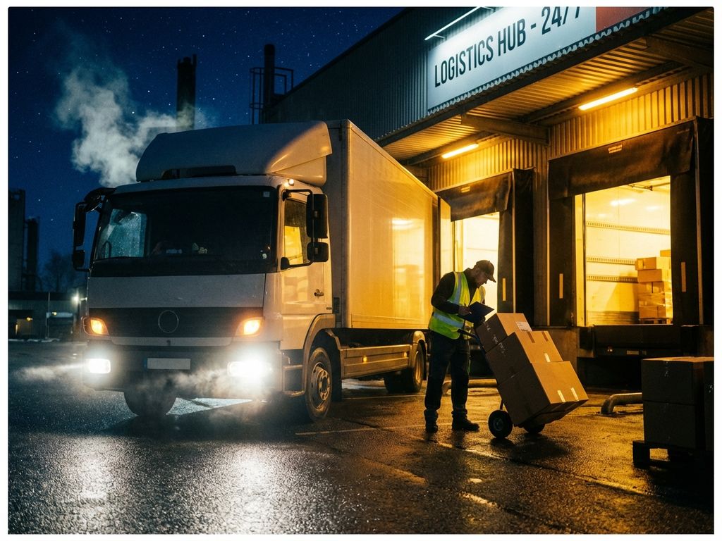 vrachtwagen-nachtelijke-levering-magazijn-werker.jpg Bezorgwagen met koplampen geparkeerd bij verlicht magazijn, werknemer in veiligheidsvest controleert pakketten bij laadperron