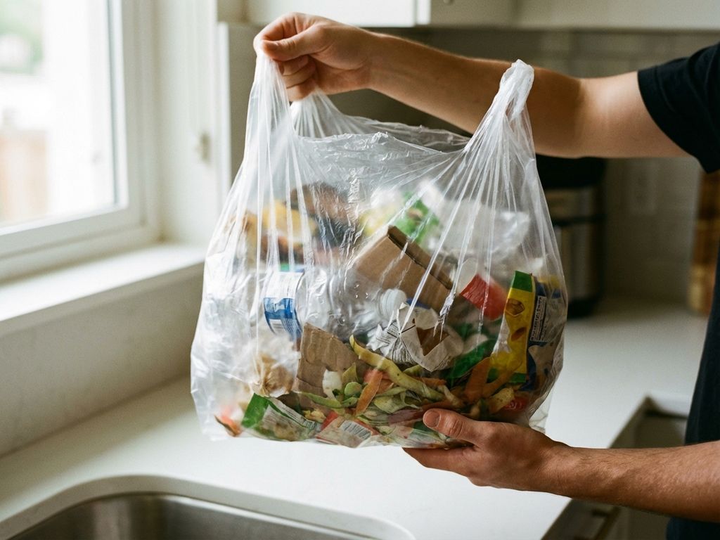 Transparante vuilniszak met huishoudafval in handen gehouden tegen schone keukenachtergrond bij daglicht