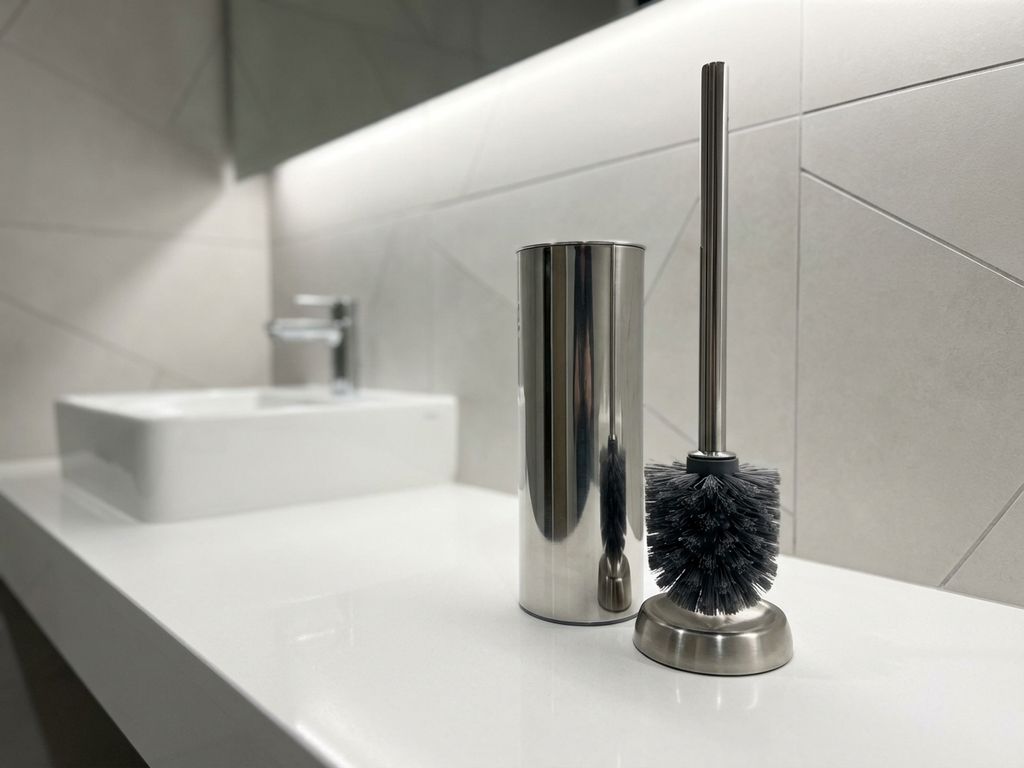 Premium toiletborstel met chromen houder op witte badkamertafel in moderne kantooromgeving