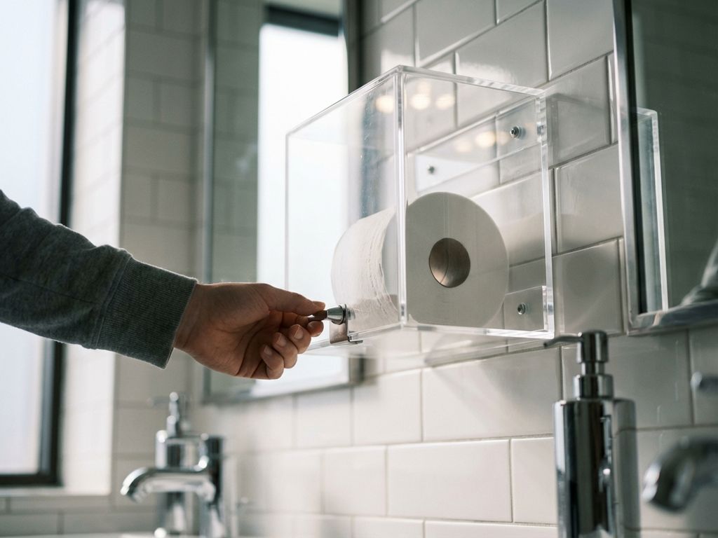 Toiletpapier in transparante vergrendelbare dispenser aan badkamermuur, hand reikt naar beveiligingsmechanisme