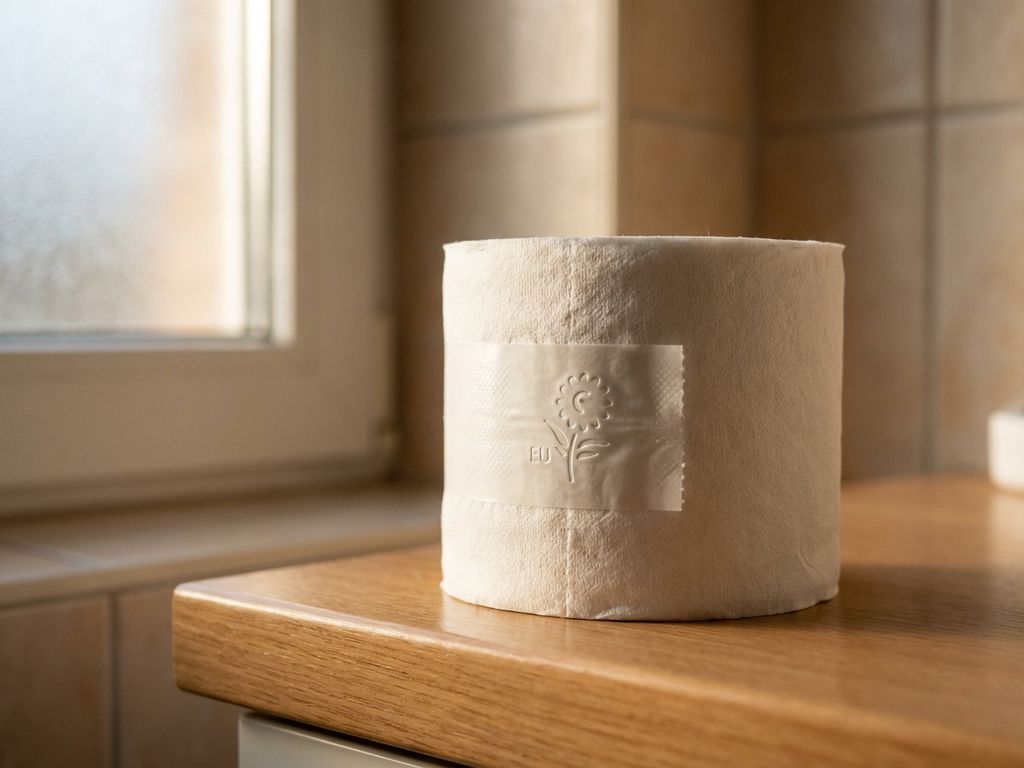 Witte toiletpapierrol met EU Ecolabel op houten badkamertafel in natuurlijk licht