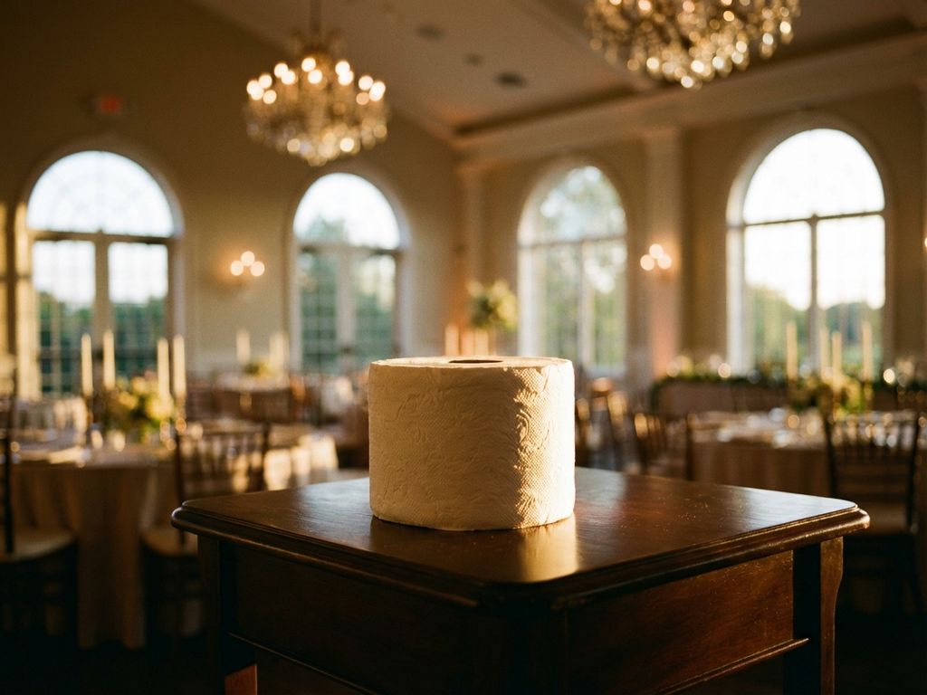 Luxe wit toiletpapier op houten tafel in elegante evenementenlocatie met warme kristallen kroonluchterverlichting