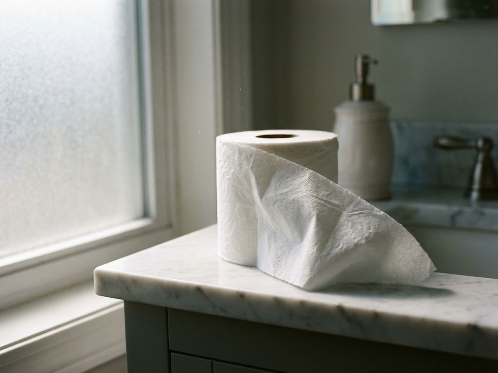 Witte wc-papierrol gedeeltelijk afgerold op marmeren badkamer aanrecht met natuurlijk licht door matglas raam