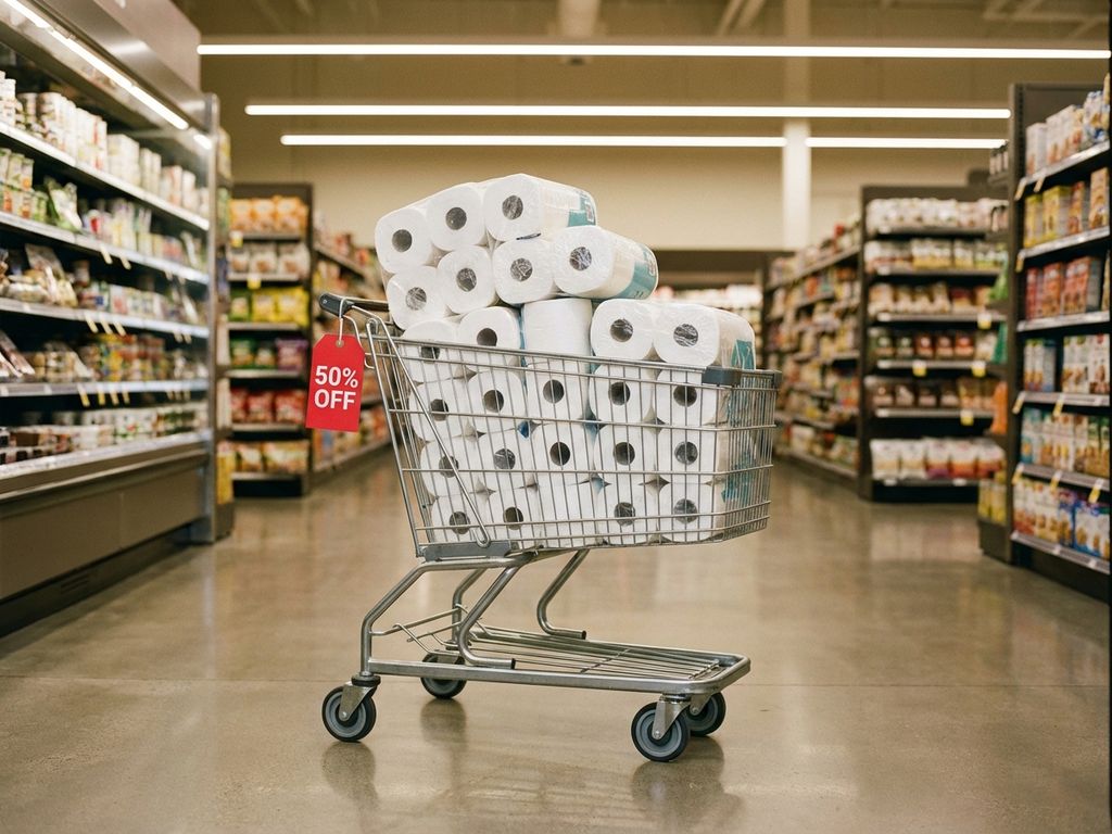 Winkelwagentje gevuld met witte toiletpapier rollen met rode kortingslabel in supermarktgang