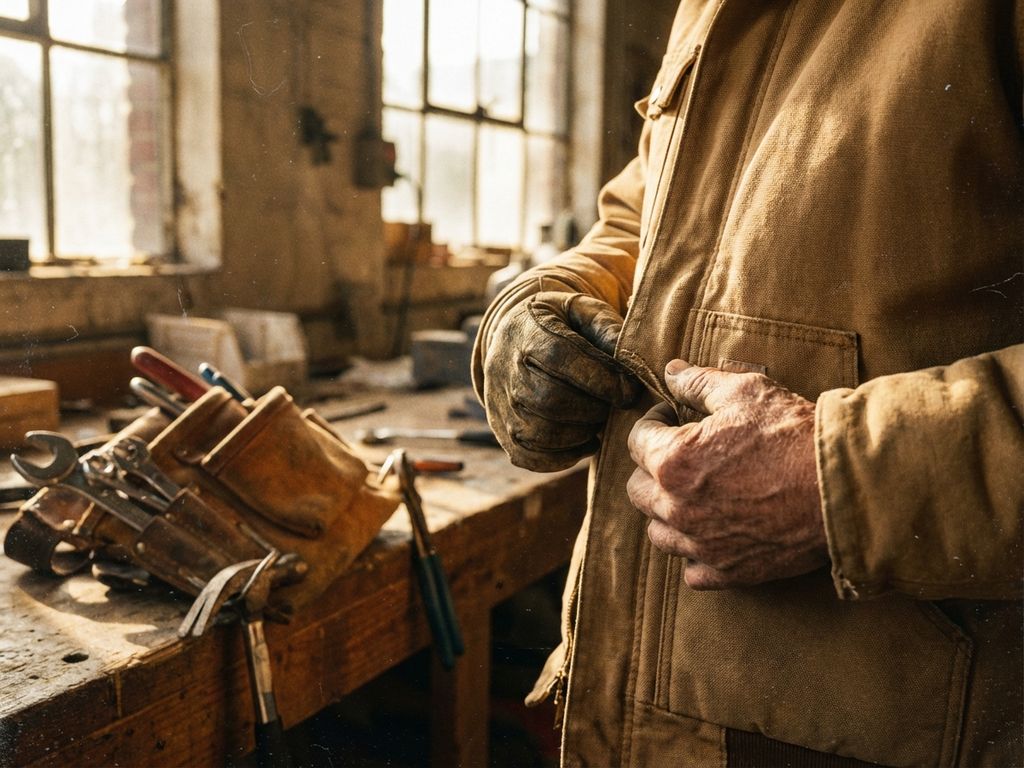 Bouwvakker inspecteert verstevigde naden van werkjas van canvas, werkhandschoenen aan, gereedschapsriem op werkbank
