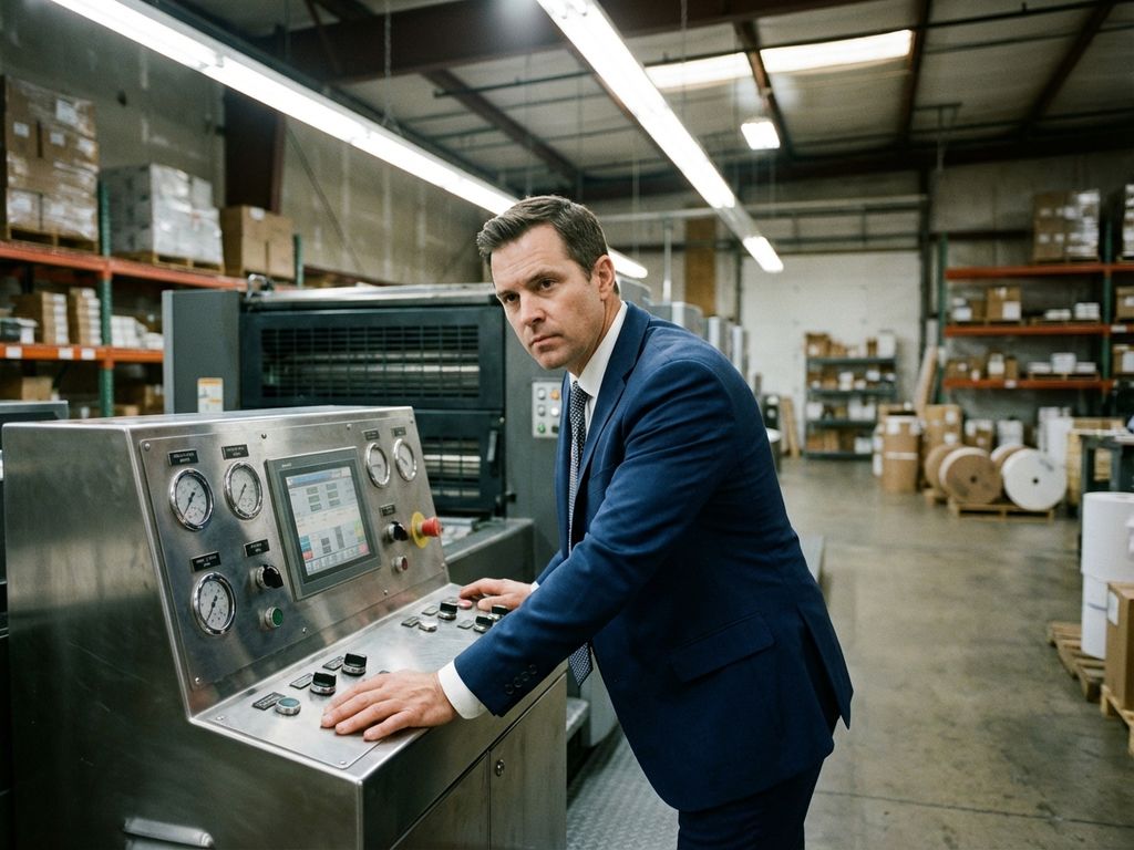 Zakenman in marineblauw pak inspecteert industriële drukmachine in magazijn met stalen stellingen