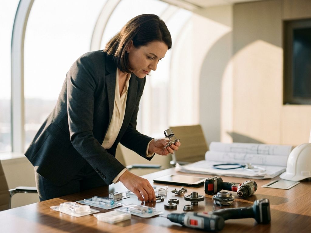 Professionele zakenvrouw onderzoekt productmonsters aan conferentietafel met medische, automotive en bouwmaterialen