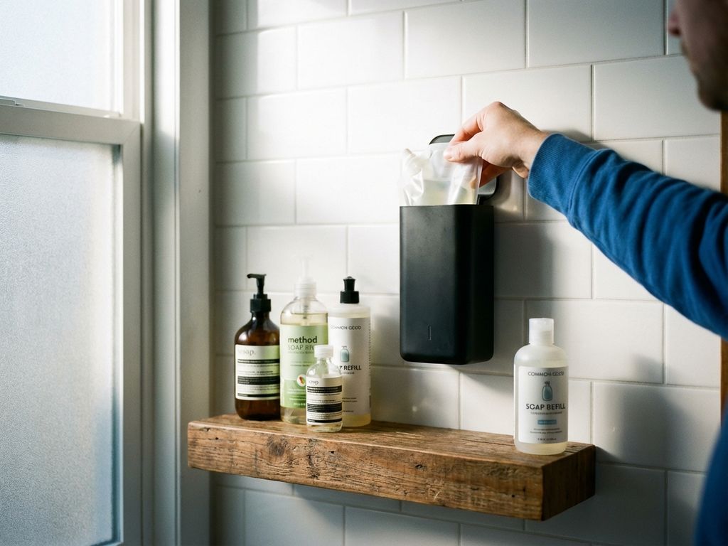 Moderne zeepautomaat aan witte muur met navullingen op houten plank, hand plaatst navulcartridge