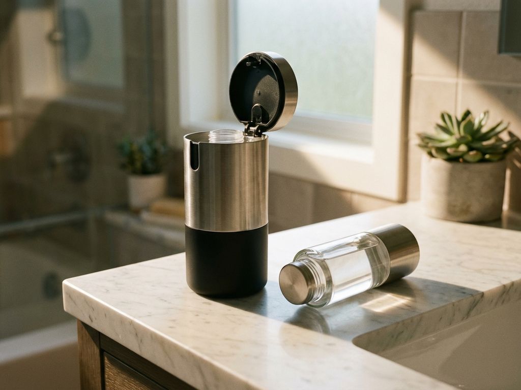 Moderne zeepdispenser met geopend deksel en navulcartridge op marmeren badkamerblad bij daglicht