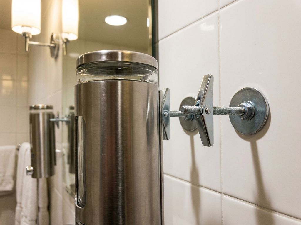 Wandgemonteerde zeepdispenser met roestvrij stalen beugels en chromen bouten op witte badkamermuur