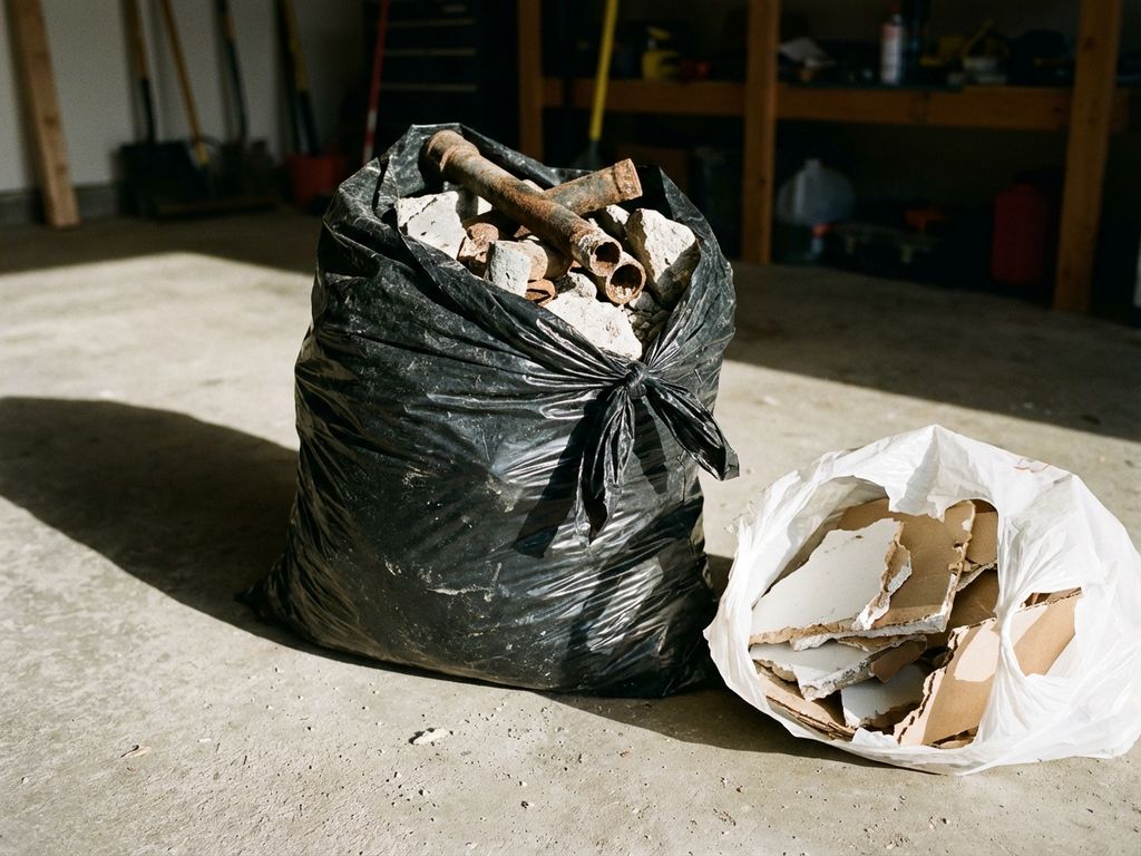 heavy-duty-vuilniszakken-bouw-afval-test.jpg Stevige zwarte vuilniszak gevuld met bouwafval naast gescheurde dunne zak op betonnen garagevloer