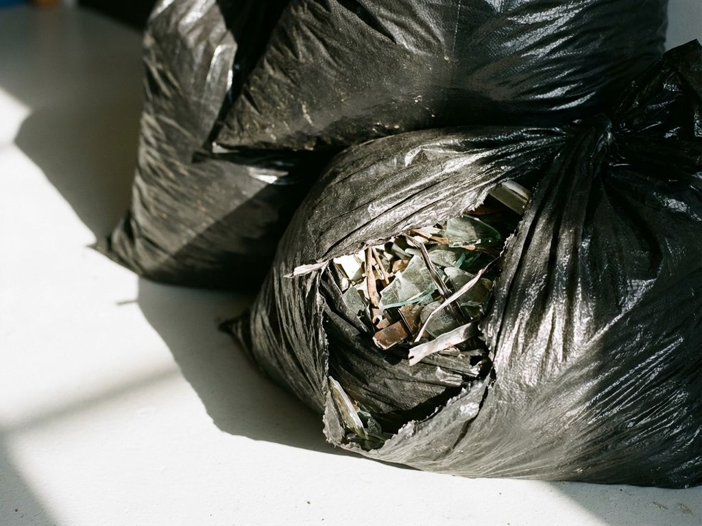 Zwarte vuilniszakken op witte ondergrond, één geopend met glasscherven en metaalfragmenten zichtbaar