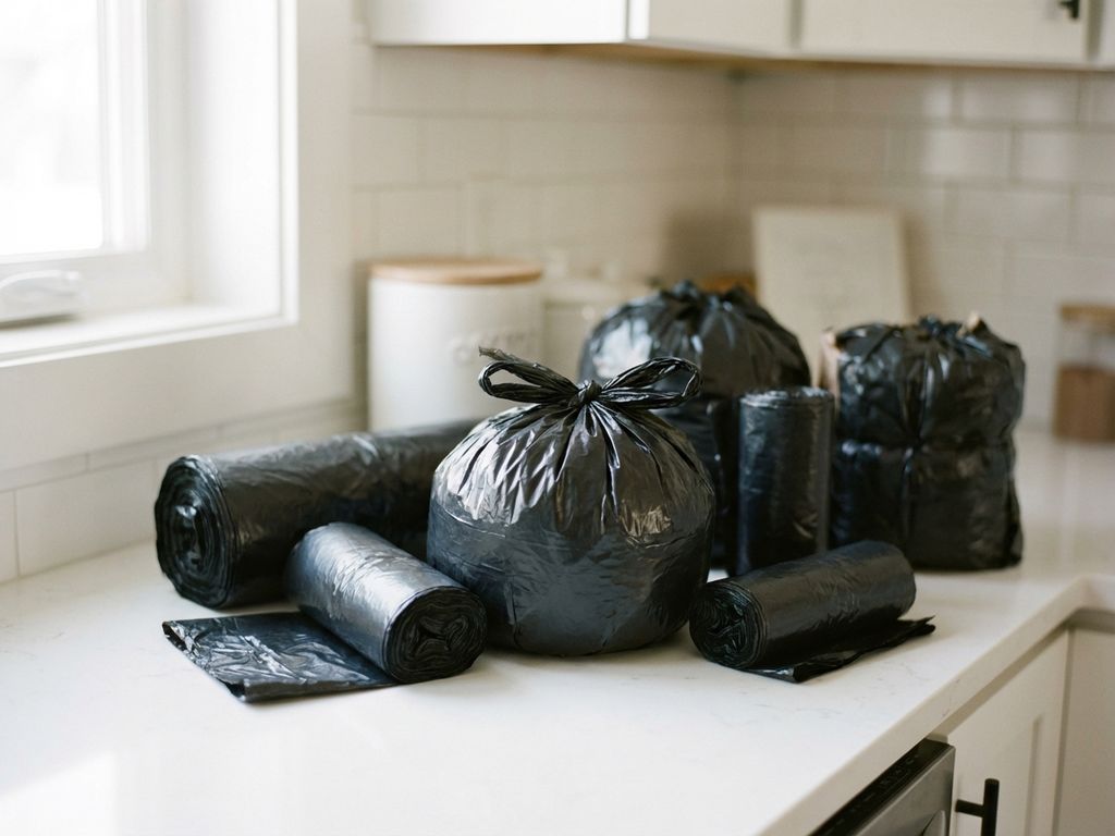 Verschillende zwarte vuilniszakken van klein tot groot gerangschikt op witte keukenblad in natuurlijk licht